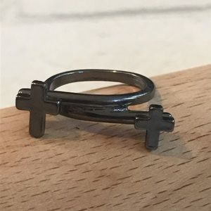 Double Cross Silver Tone Ring Size 7.5